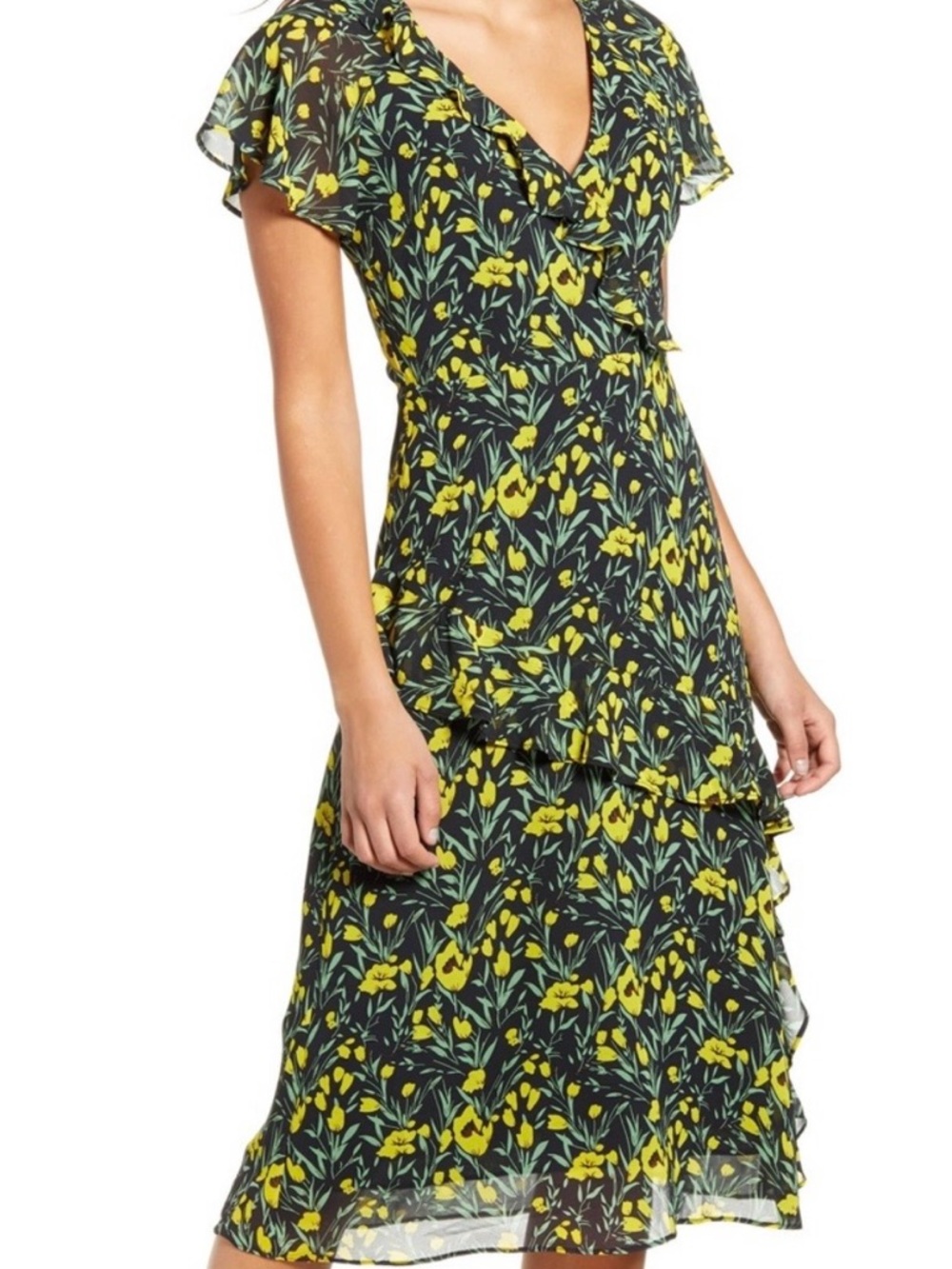 All in Favor Yellow Floral Ruffle Midi Dress on Black